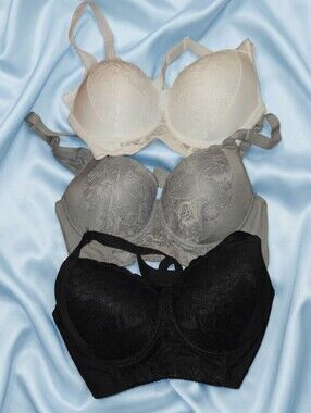 3-Pack Everyday Lace Support Bras (White, Gray, Black) - Fits Like 36C